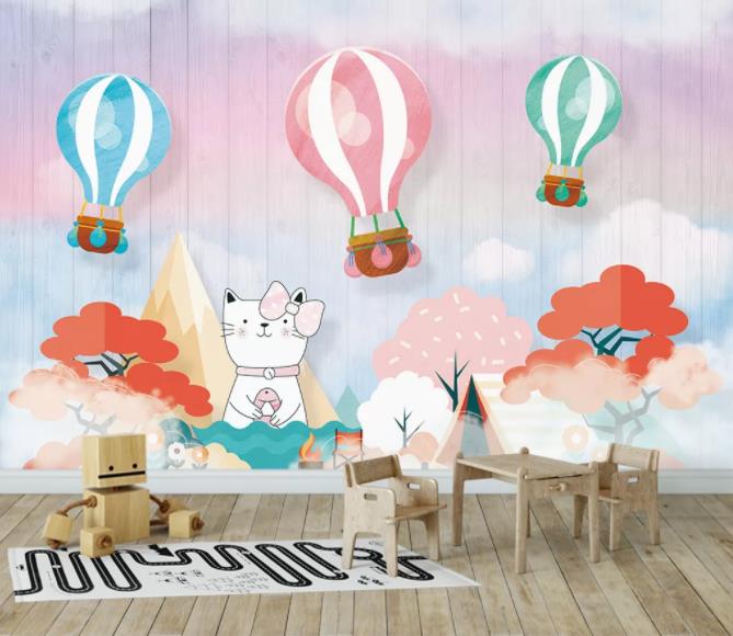 3D Color Cartoon Animals Cat Balloon Wall Mural Wallpape 435