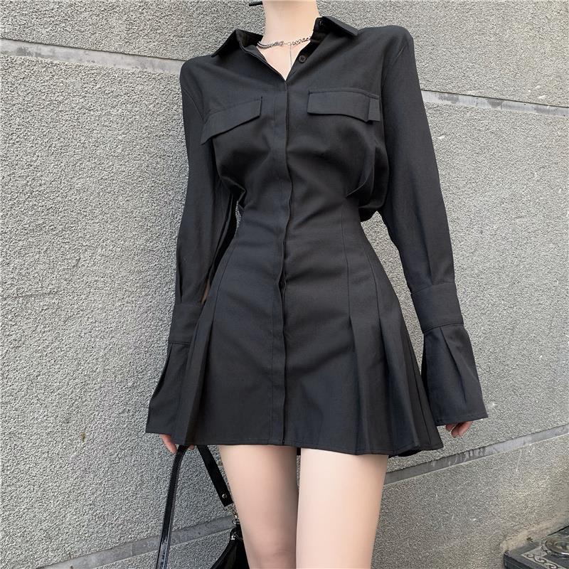 Black Shirt Dress Women Elegant Vintage Long Sleeve Dresses Sexy Gothic Pleated Streetwear Turn-down Collar Casual Robe alx