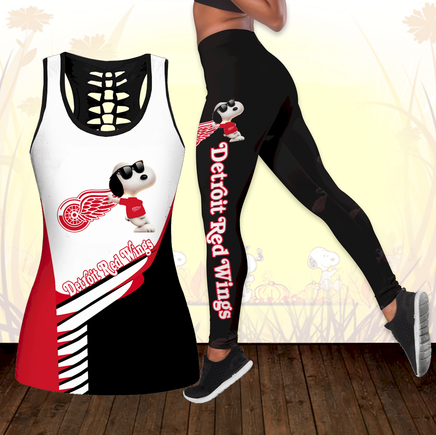 Combo Detroit Red Wings Snoopy Hollow Tanktop Leggings Set K1774