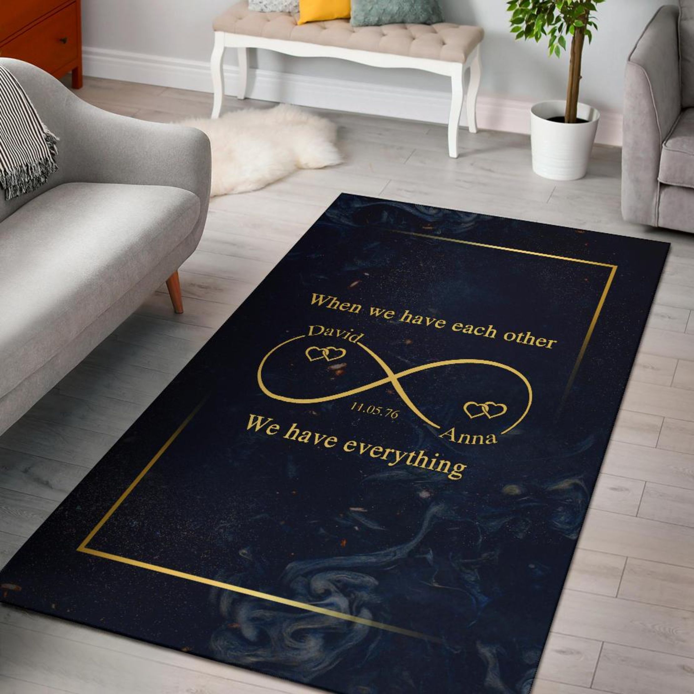 Personalized Infinity Anniversary Rug, Custom Rug For Couples in Navy
