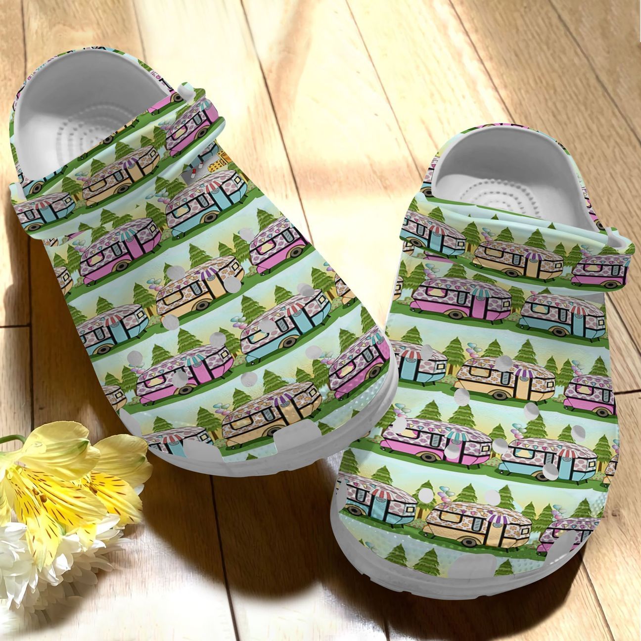 Camping Personalize Clog, Custom Name, Text, Fashion Style For Women, Men, Kid, Print 3D Whitesole Camper Vans