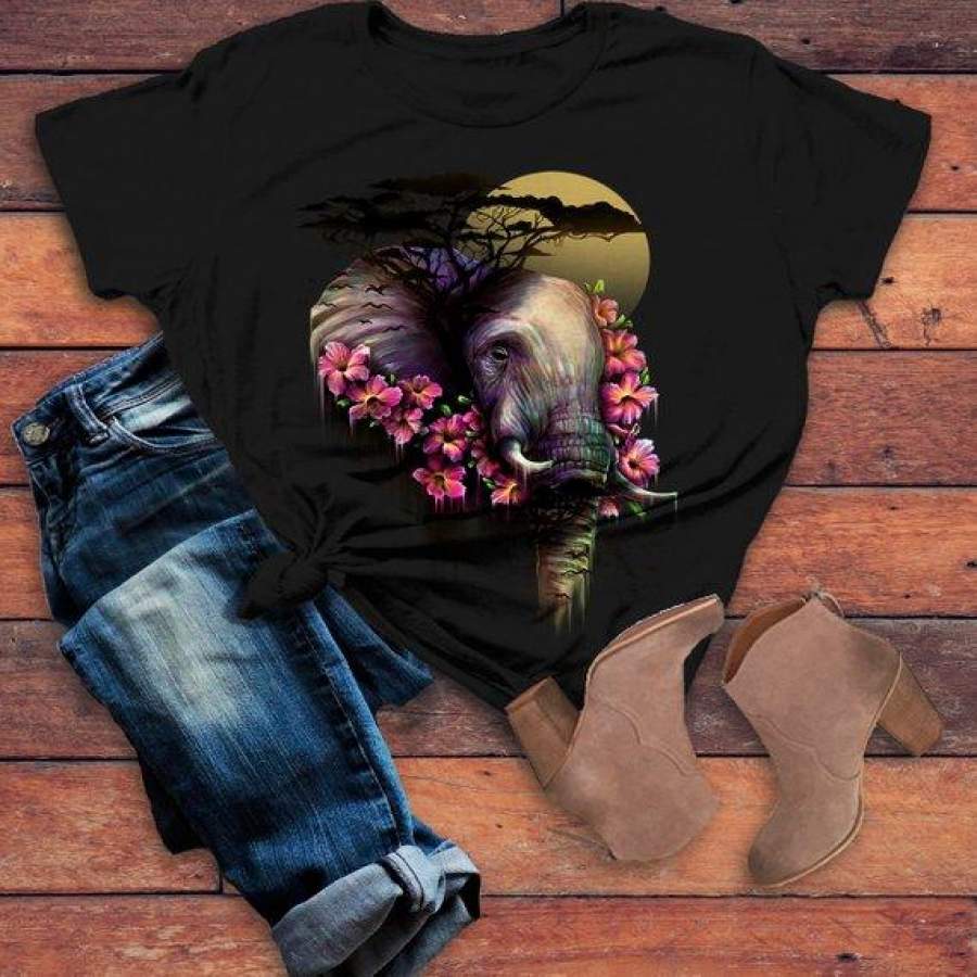 Women’s Elephant T Shirt Hand Drawn Pachyderm Beautiful Shirts Flowers Graphic Tee Illustration