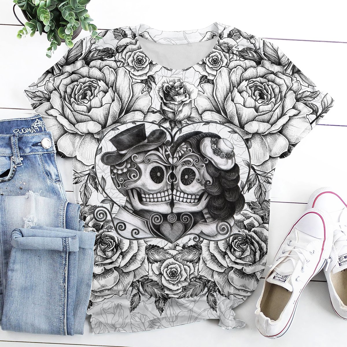 Apayprint – The Endless Love Skull Couple 3D T-Shirt