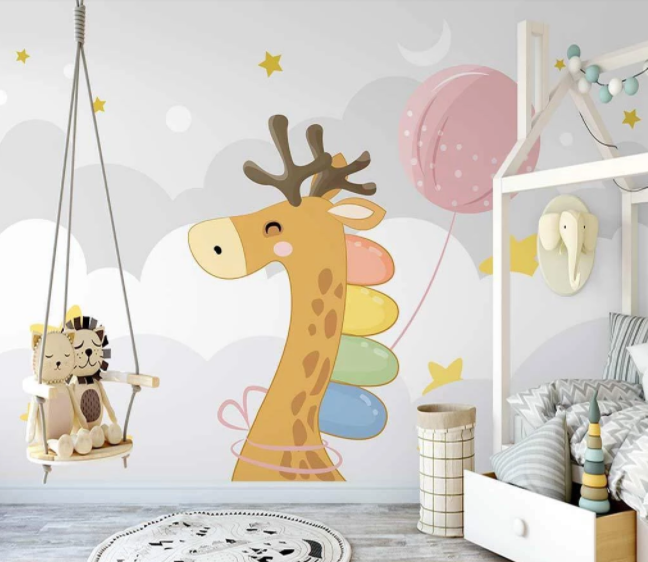 3D Cartoon Colorful Giraffe Animal Balloon Moon Star Wall Mural Wallpaper Lxl