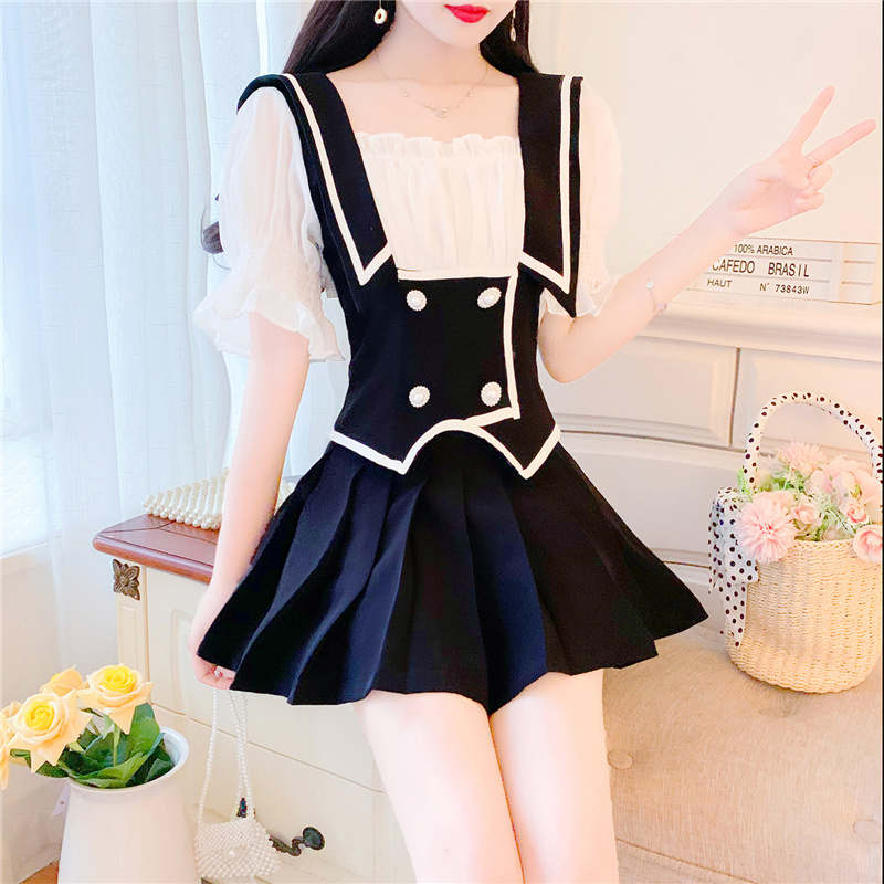 SWEETXUE 2022 Korean Women Summer Temperament ladies Fashion Sweet Kawaii Top + Pleated Mini Skirt Suits 2 Pieces Set Outfits alx