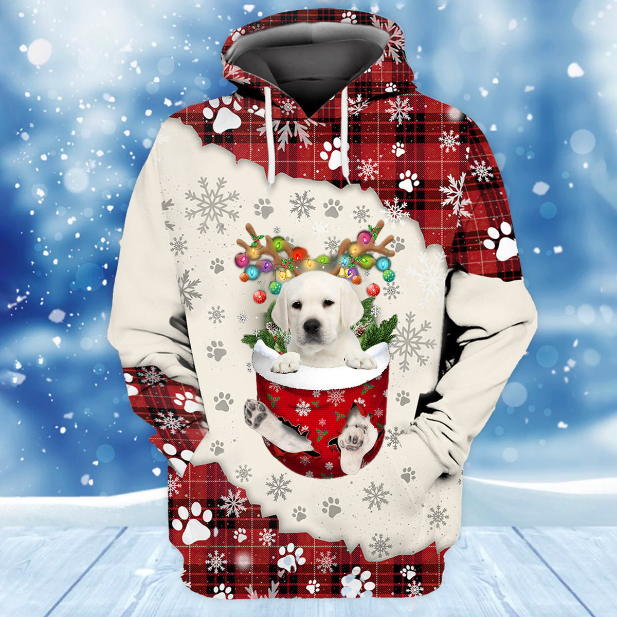 White Labrador In Snow Pocket Merry Christmas Unisex Hoodie