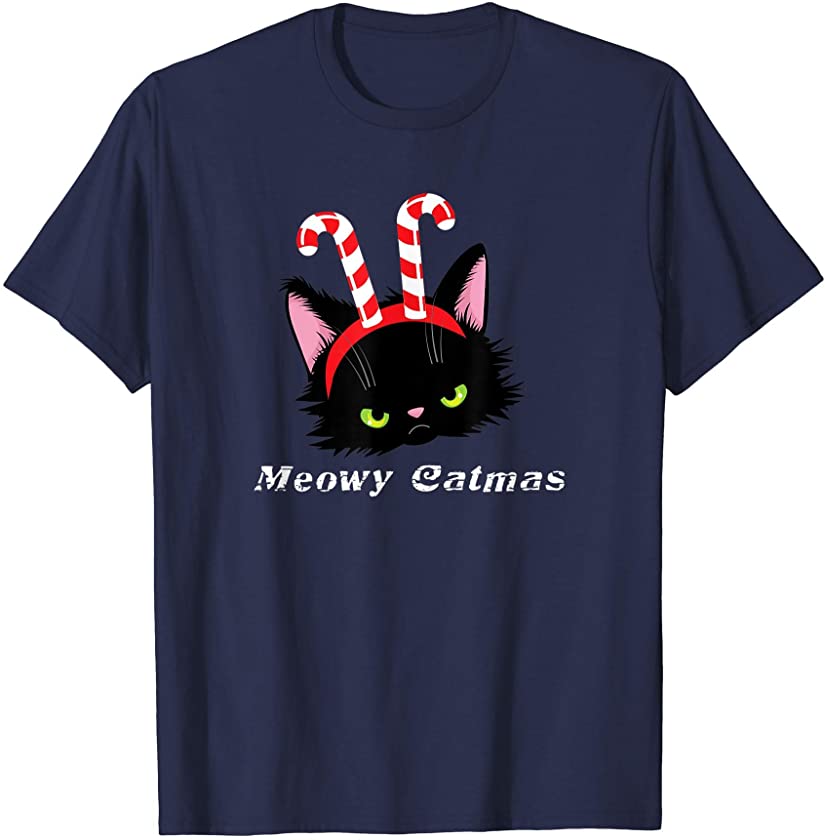 Meowy Catmas, Bah Humbug, Candy Cane Antlers Black Cat T-Shirt