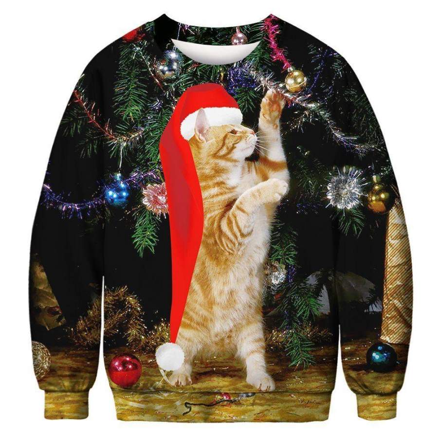 Tinsel Cat Throwing Shapes Ugly Christmas Sweatshirt