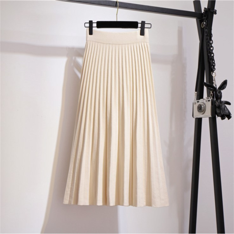 Spring Winter Women Knitted Pleated Skirt Fashion Midi Skirt Solid Color Loose High Waist Skirts Casual Female Women’s Bottoms alx