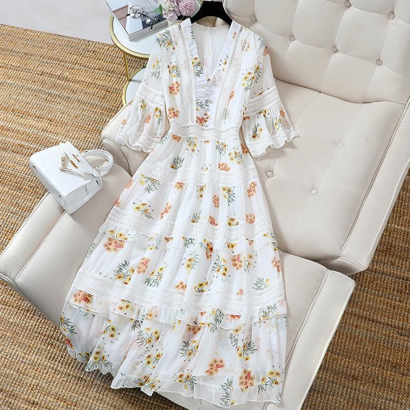 Women’s Long Dress Vintage Chic Flower Printing Chiffon Dresses Holiday V-neck Hollow Out Plus Size Dress Women Robe Femme alx