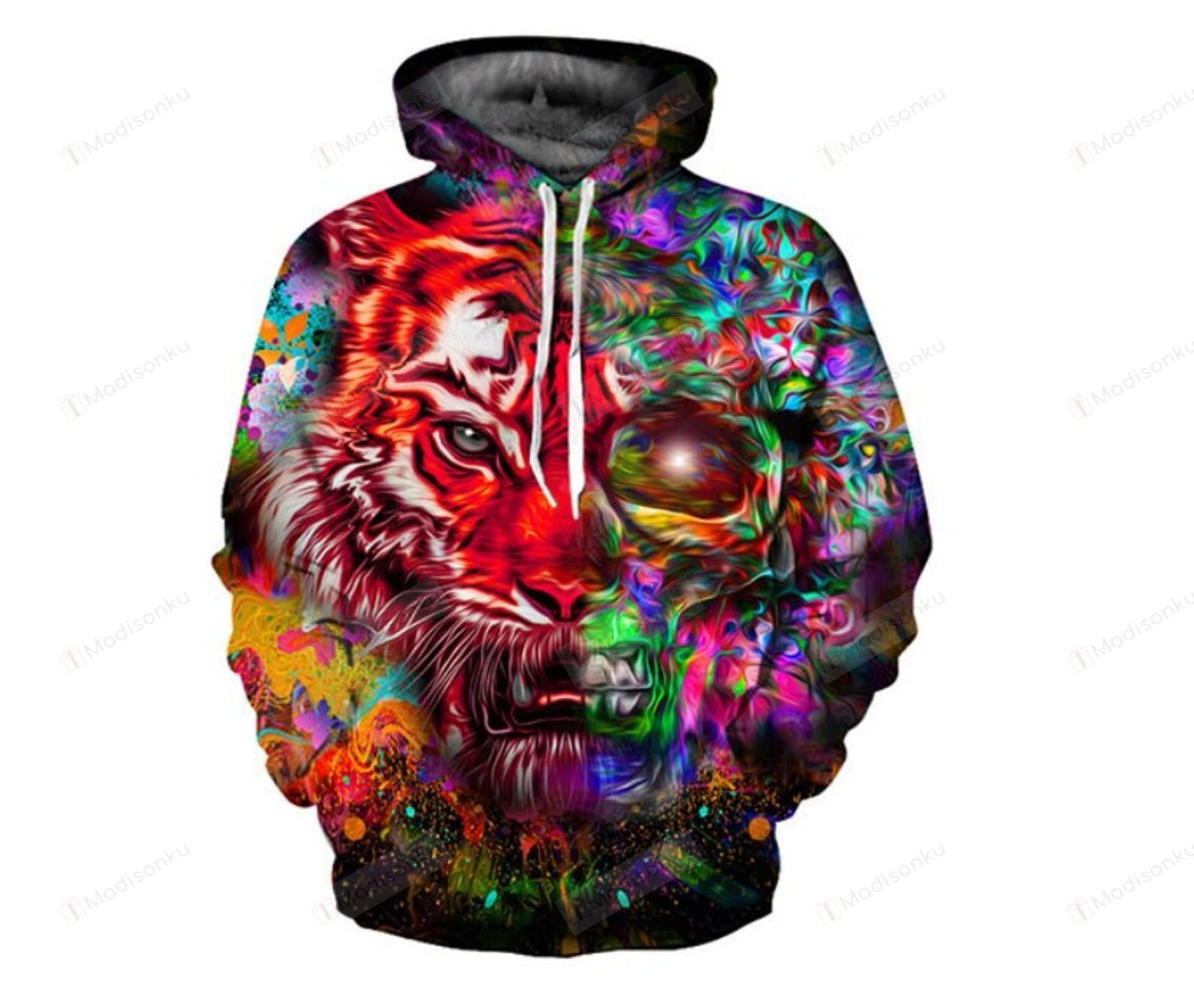 Colorful Tiger Skull 3D All Over Print Hoodie, Zip-Up Hoodie