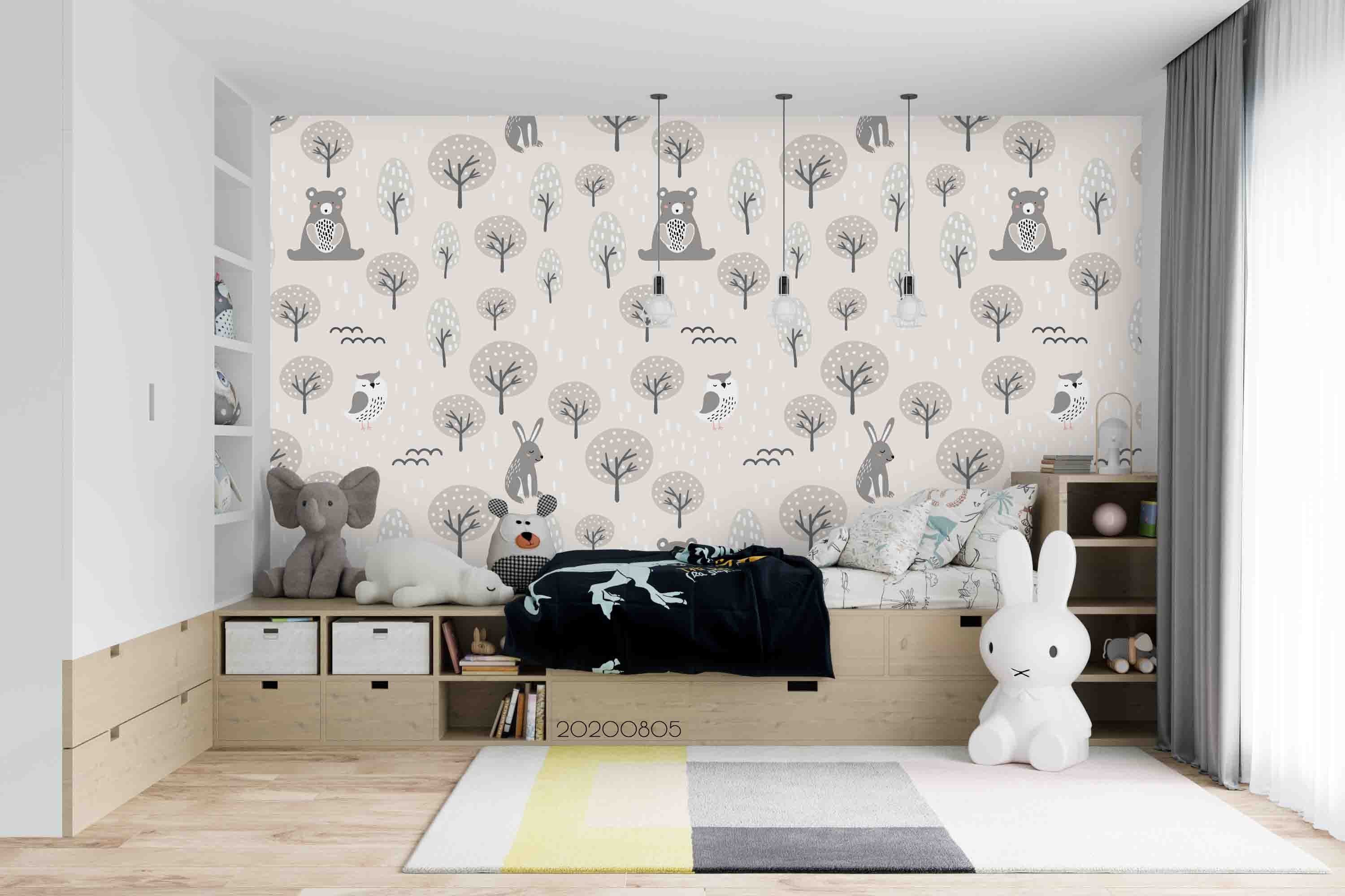 3D Cartoon Bear Rabbit Owl Trees Wall Mural Wallpaper Sf 93