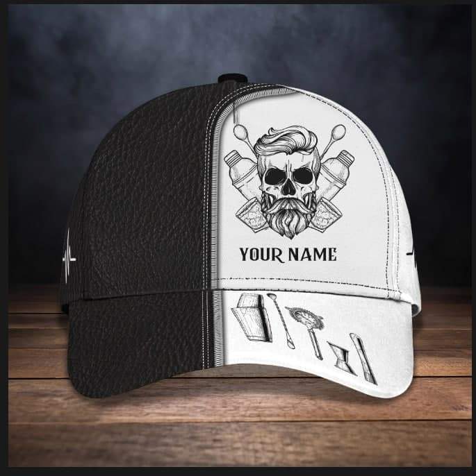 Personalized Name Funny Bartender Cap Hat, Skull Bartenders Hat, Baseball Cap Bartender