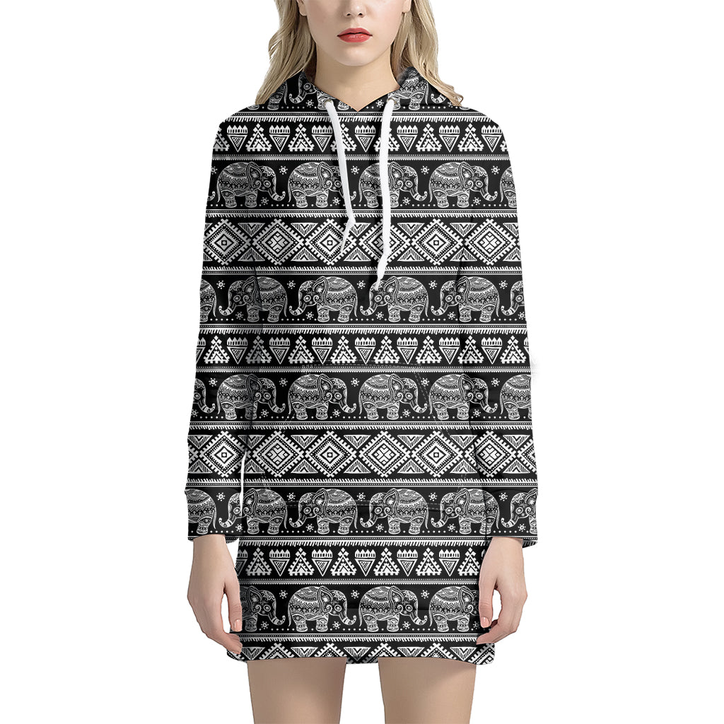 Black And White Indian Elephant Print Women’S Pullover Hoodie Dress