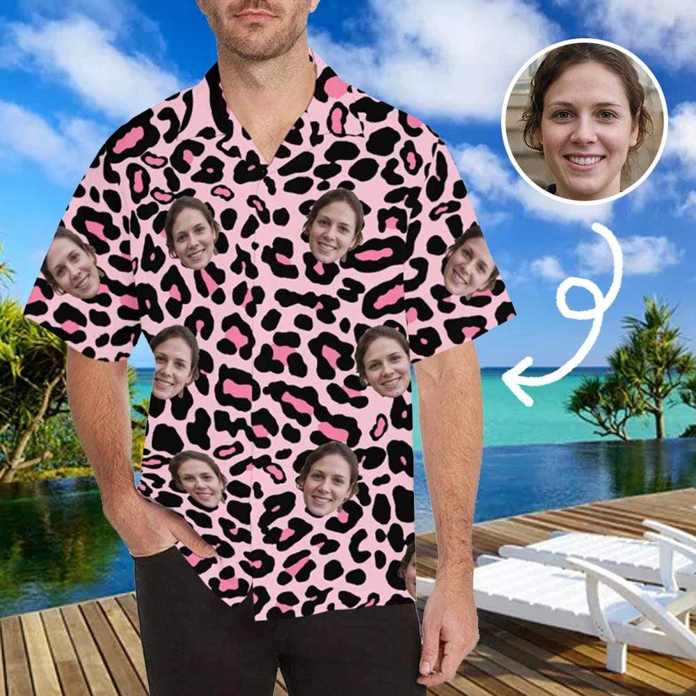 Custom Face Pink Leopard Patterns Men’S All Over Print Hawaiian Shirt