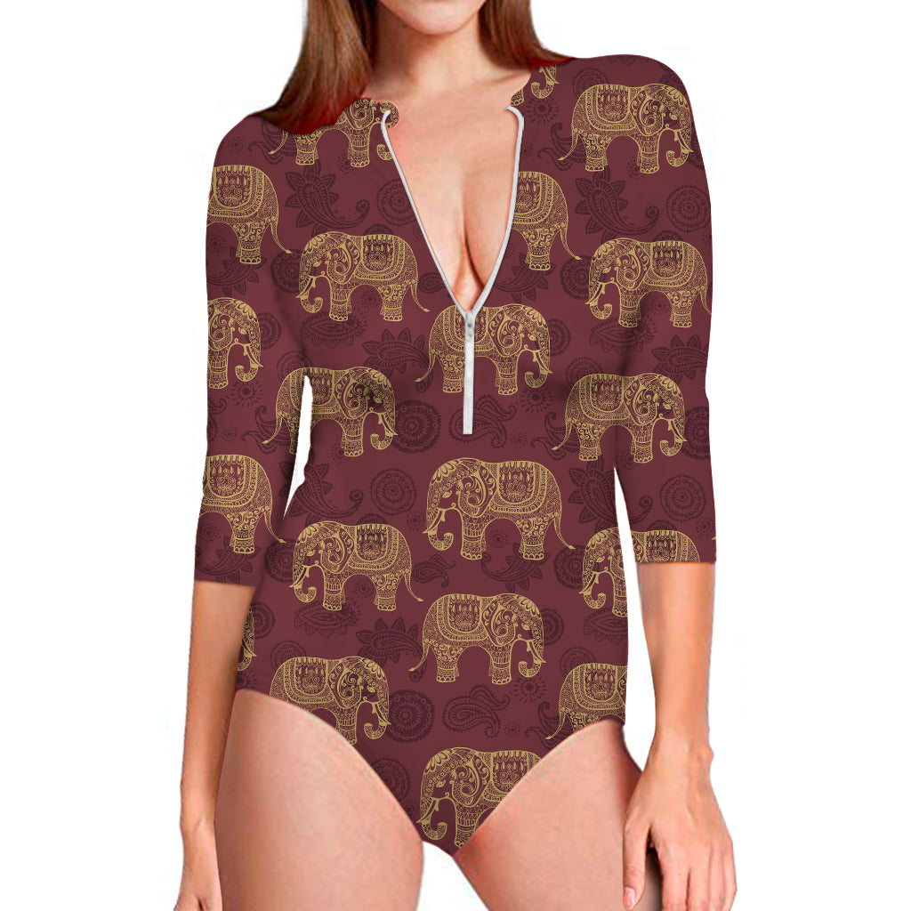 Gold And Red Boho Elephant Print Long Sleeve One Piece Swimsuit