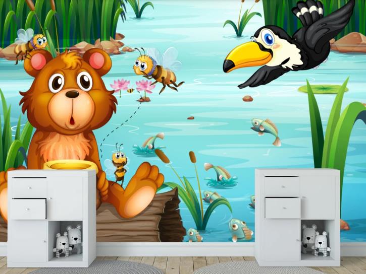 3D Cartoon Pond Animal Bear Honey Wall Mural Wallpaper Lqh 550