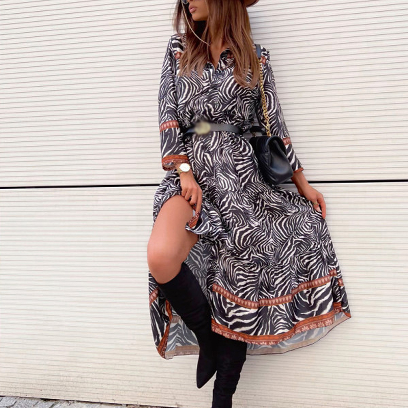 Vintage Boho Printed Long Dress Women Autumn Casual Long Sleeve V Neck Cross Lace Up Dress Ladies Holiday Big Hem Slit Dresses alx