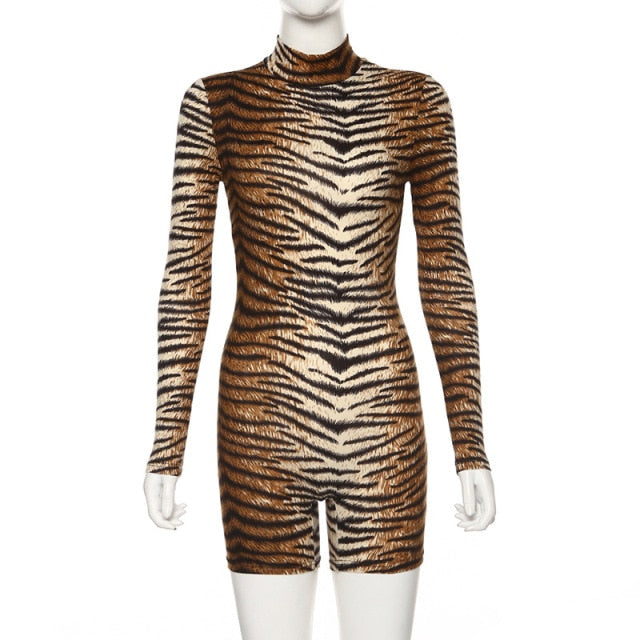 Round Neck Long Sleeve Sexy Leopard Print Slim Fit Rompers