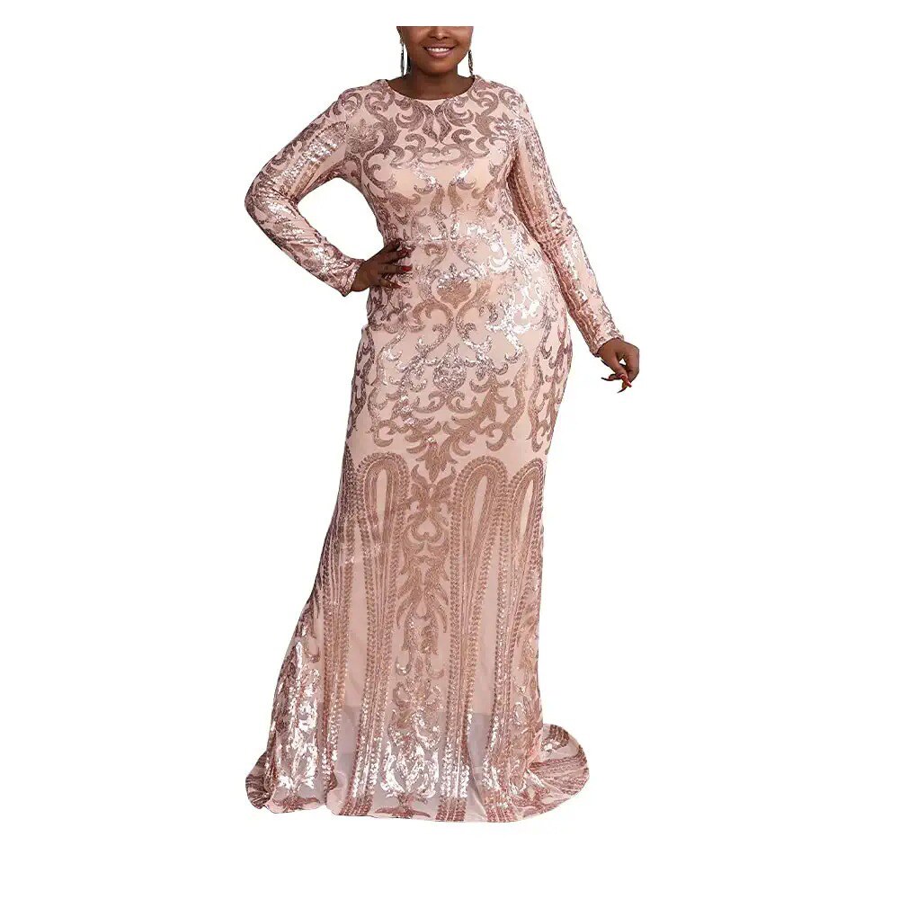 Women’s Plus Size Formal Dress Long Sleeve Mermaid Hem Slim Fit Sequin Maxi Gowns O Neck Retro Sequin Evening Dress alx