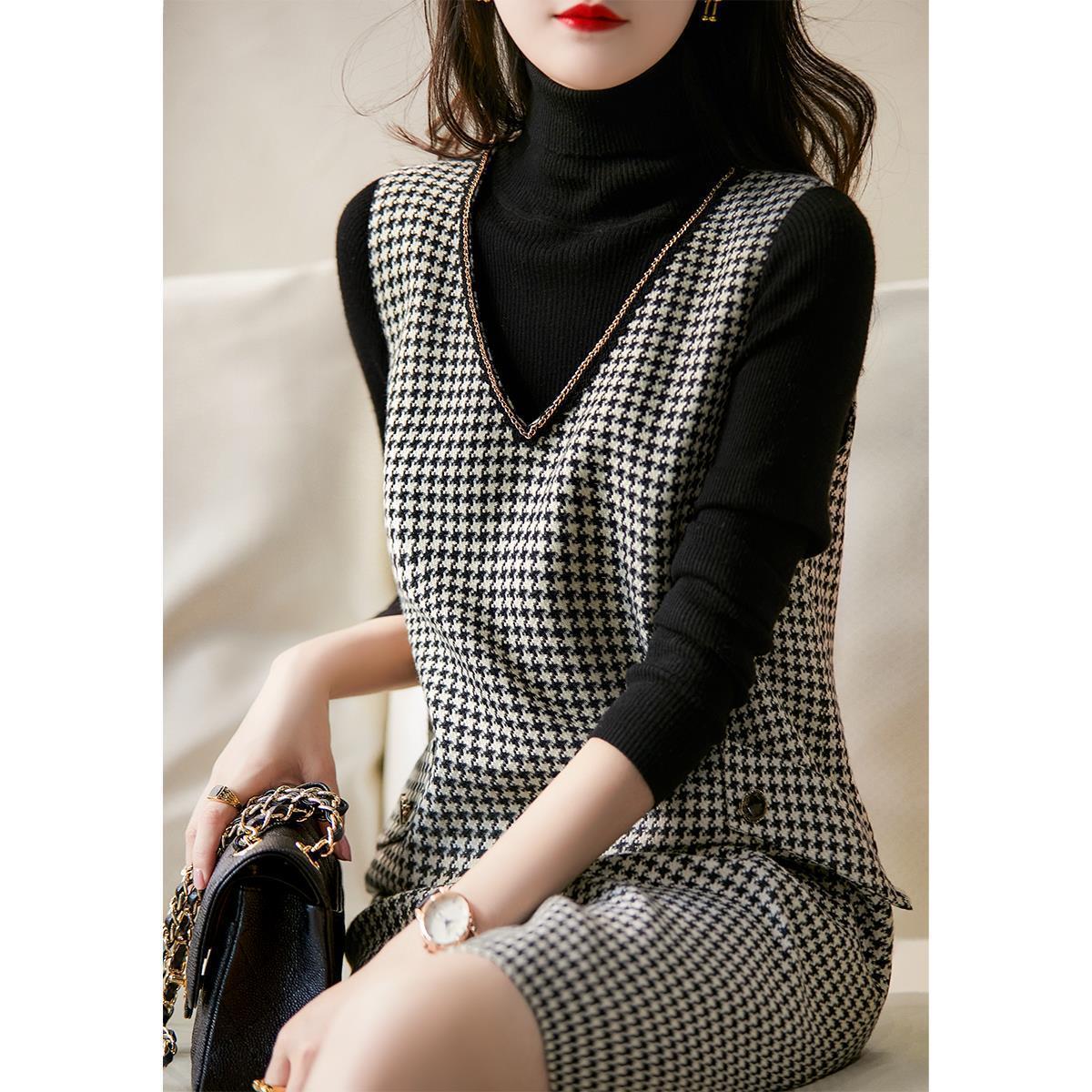 Women Dresses Houndstooth Elegant Large V-neck Chain Sleeveless Dress Autumn Winter New Vestido De Mujer alx