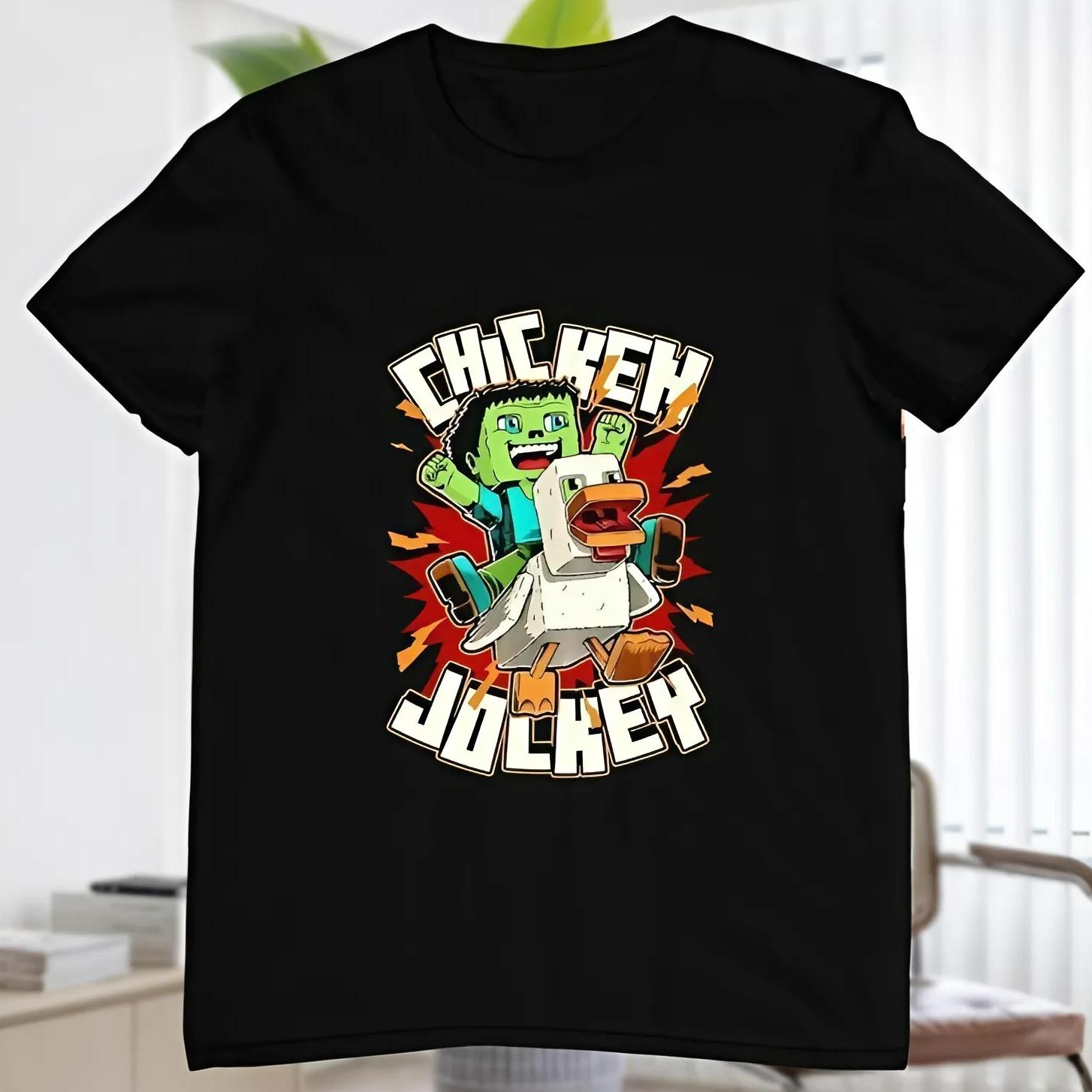 Chicken Jockey T-Shirt, Gift for Game Lover Chicken, Minecraft Quirky Cotton Graphic Tees, Hilarious Gaming Gift For Adult Men Women