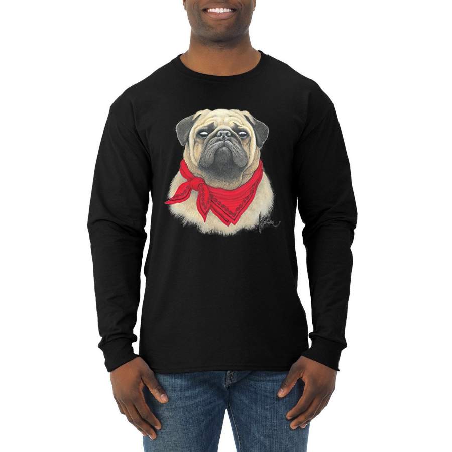 Pug Wearing Red Bandana Animal Lover Mens Long Sleeve Shirt