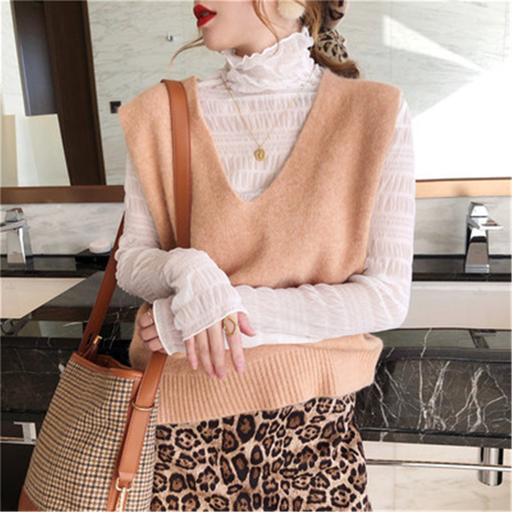 women’s knitted vest sleeveless solid color pullover sweater leisure Korean version of the new fashion all-match short waistcoat alx