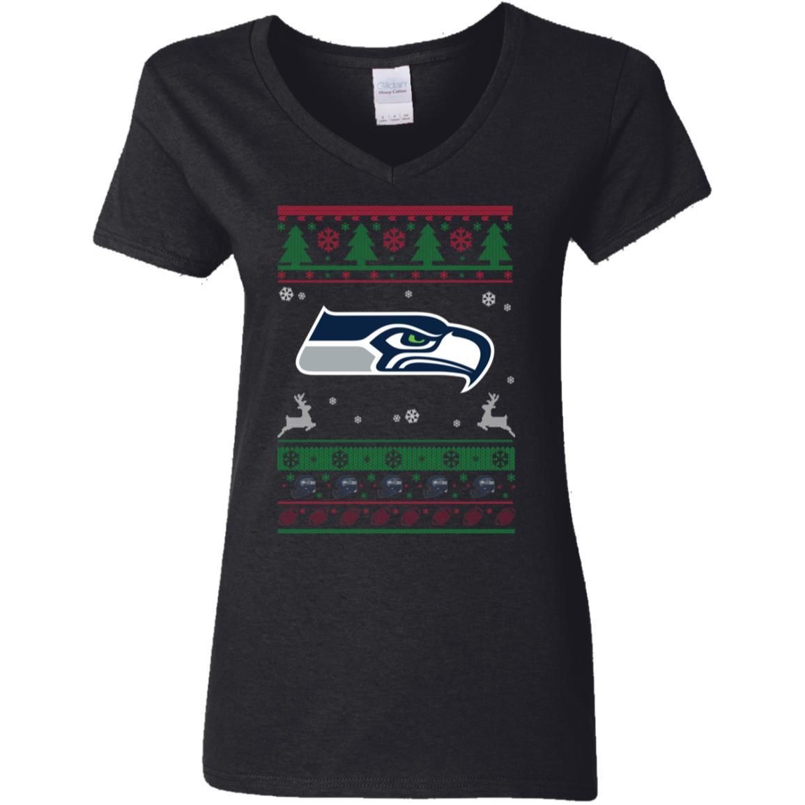 Seattle Seahawks Logo Football Teams Ugly Christmas Sweater Women V-Neck T-Shirt