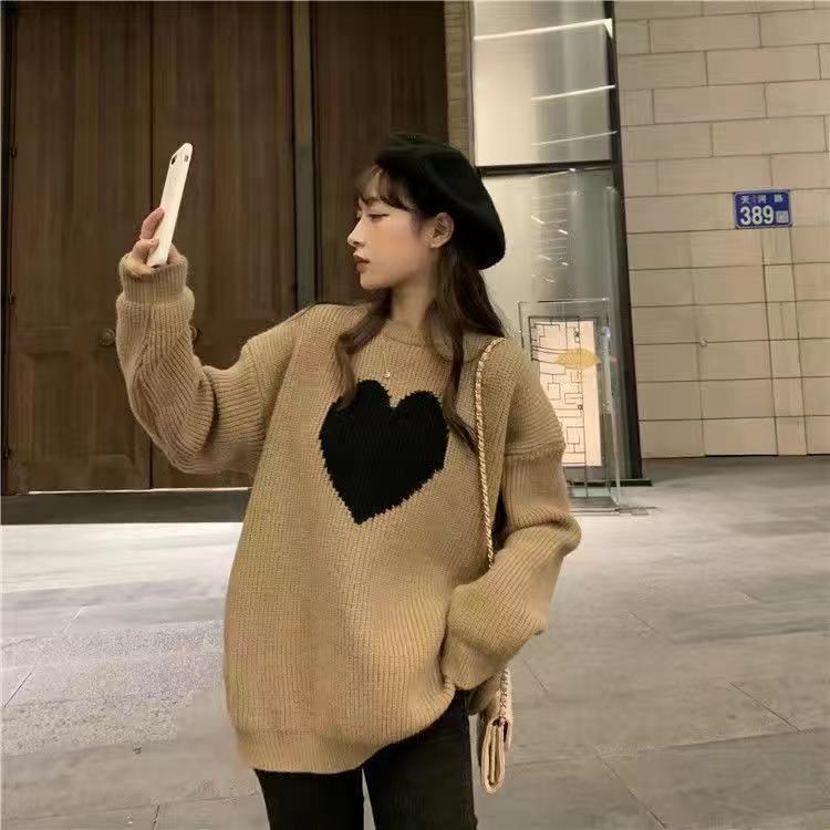 Autumn and winter ladies new round neck cartoon color matching sweater female student college style loose wild knitted sweater alx