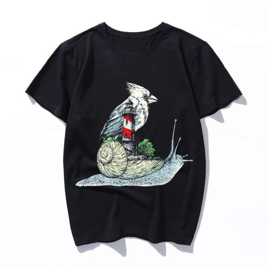 snail light tower and the bird black Print T-shirts Female Gothic Summer 2019 Harajuku Streetwear T-shirt Women men O-neck Fashion Shirts
