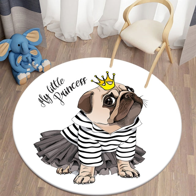 Cartoon My Little Princess Pug Round Carpets For Children’S Room Living Room Rugs Puppy Soft Flannel Floor Area Rug