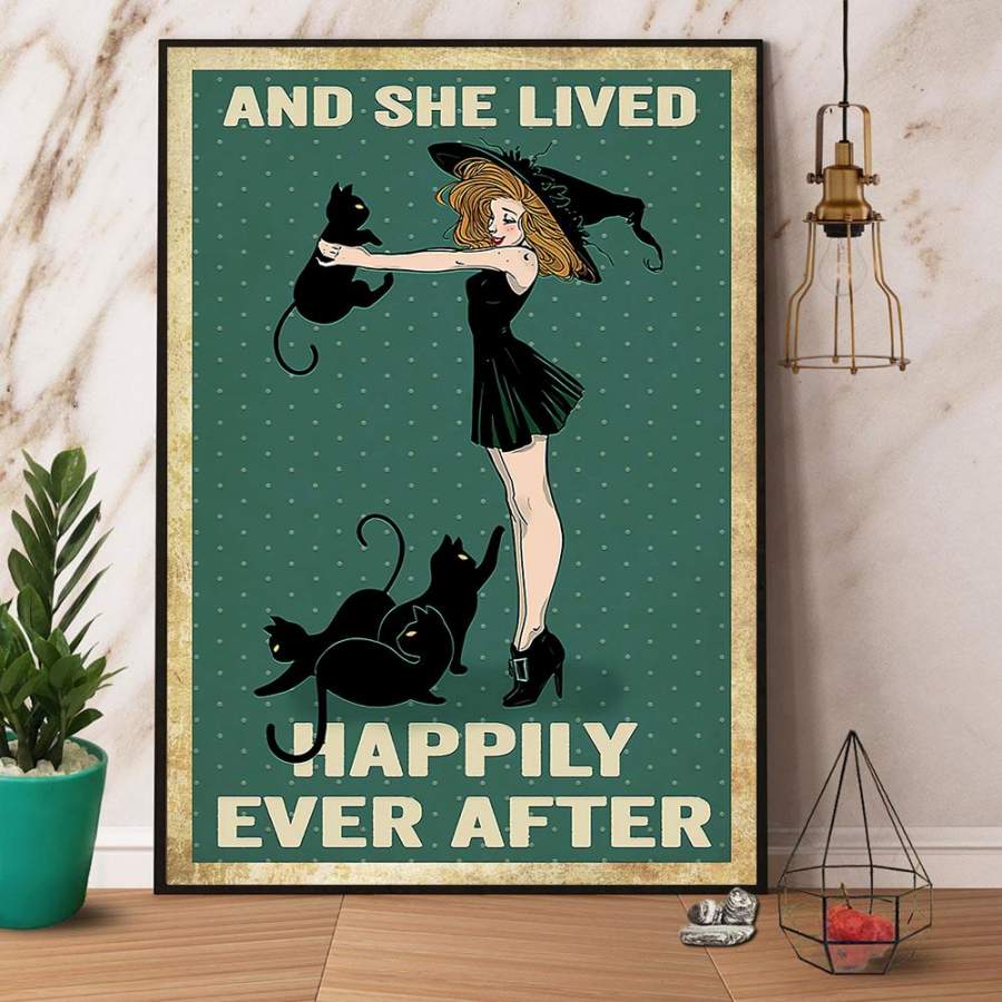 Witch & black cat and she lived happily ever after halloween gift paper poster no frame/ wrapped canvas wall decor full size