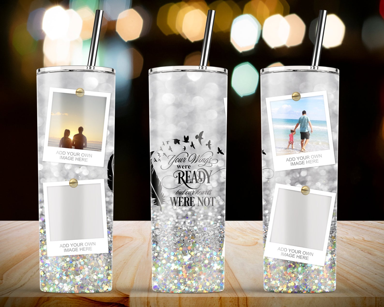 White Glitter Wings Were Ready Personalized Photo 20Oz Skinny Tumbler, Family Photo Tumbler, 4 Pictures Custom Skinny Tumbler