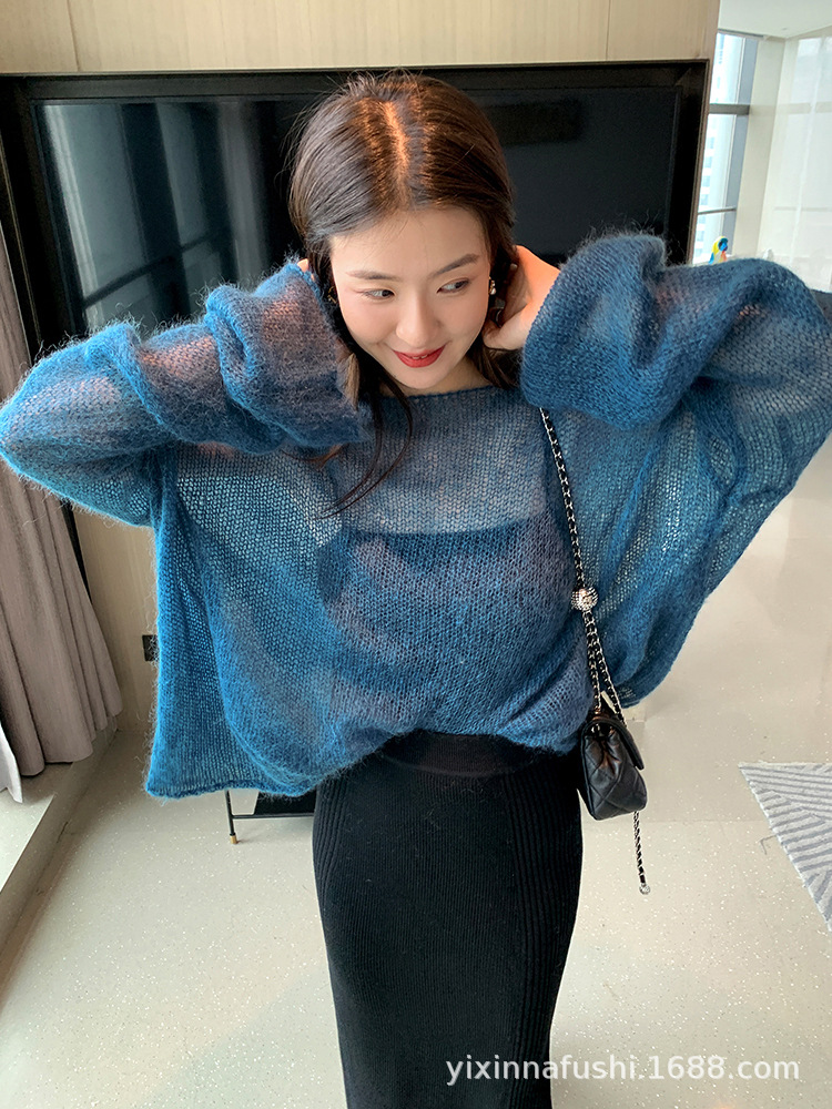 Women Pullover Solid Color Mohair Sweater Loose Oversized Sexy Off Shoulder Hollow Knit See Through Harajuku Long Sleeve Sweater alx