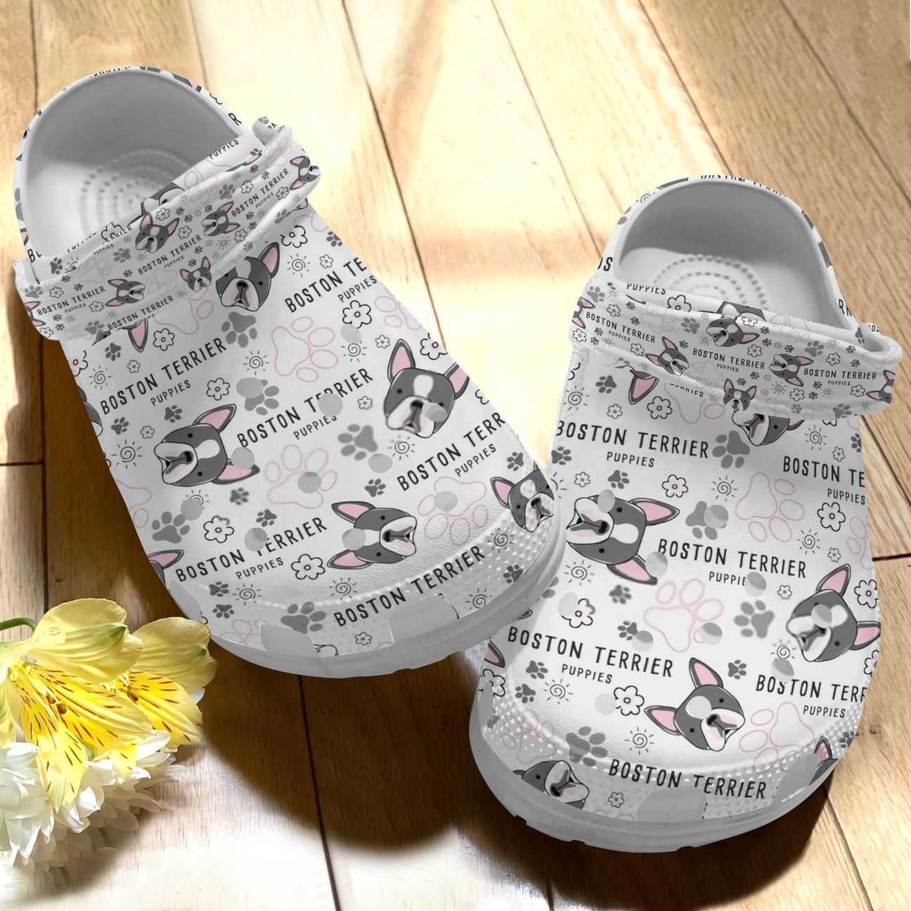 Boston Terrier Personalize Clog, Custom Name, Text, Fashion Style For Women, Men, Kid, Print 3D Whitesole Pink Pattern