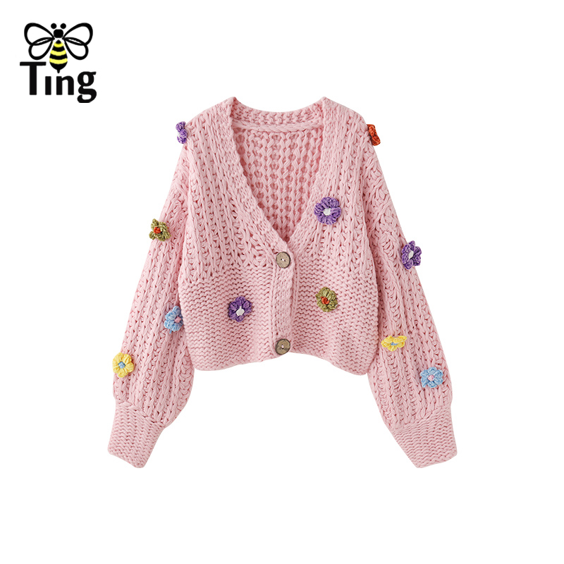 Tingfly 2023 New Design 3D Flower Decor Long Sleeve Knitwear Cardigans Short Casual Chic Knitting Sweaters Loose Tos alx