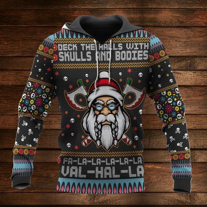 VLADOART VIKING DECK THE HALLS WITH SKULLS 3D KNITTING PATTERN VIKING SKULL HOODIE/SWEATER UGLY CHRISTMAS SWEATER – LV1164