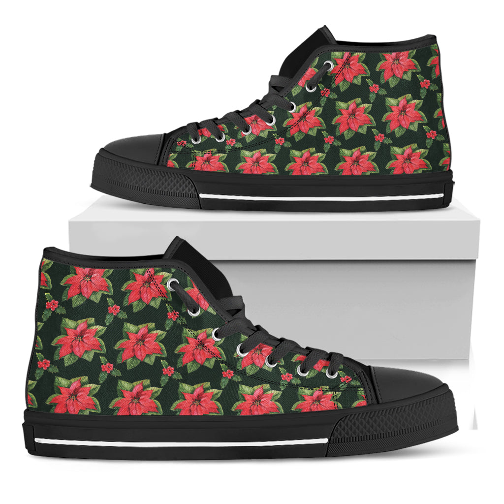 Watercolor Christmas Poinsettia Print Black High Top Shoes