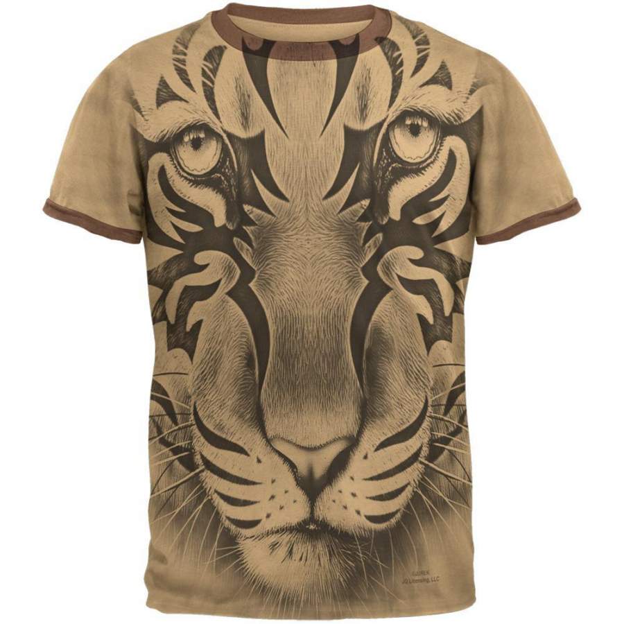 Tribal Tiger Ghost Tan-Brown Men’s Ringer T-Shirt