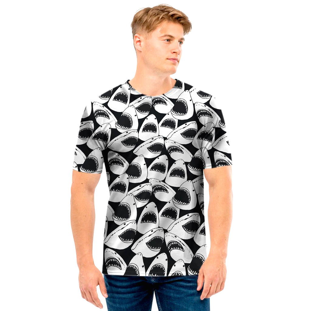 White And Grey Shark Pattern Print Men’S T-Shirt