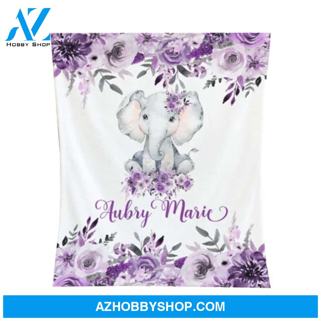 Personalized Baby Girl Blanket – Elephant Baby Blanket -Baby Name Blanket -Baby Shower Gift-Personalized Baby Gift – Purple Floral Baby Blanket