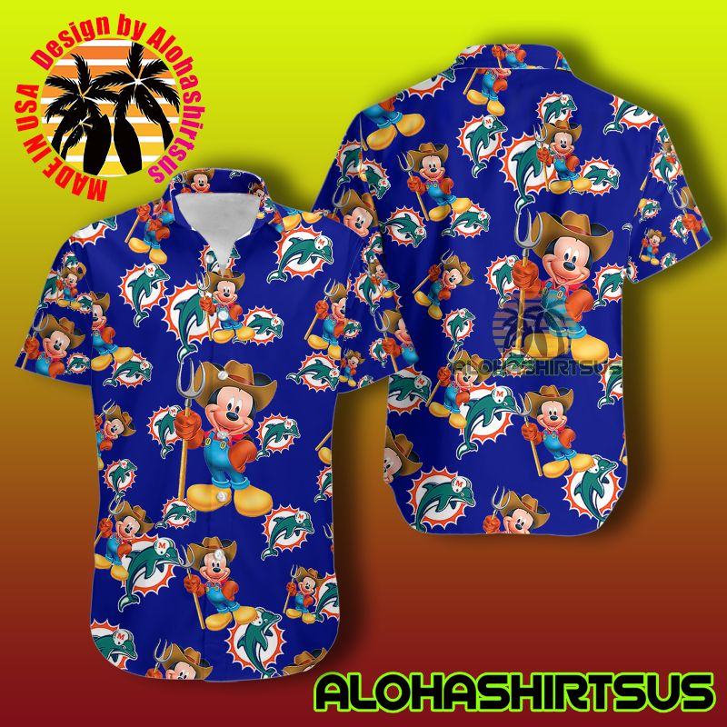 Mickey Mouse In Farm Miami Dolphins Nfl Navy Metal Hawaiian Shirt