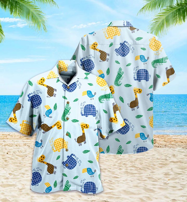 Waybackapparel Elephant Birdcrocodile Giraffe Plaid Colorful 3D Hawaiian Shirt