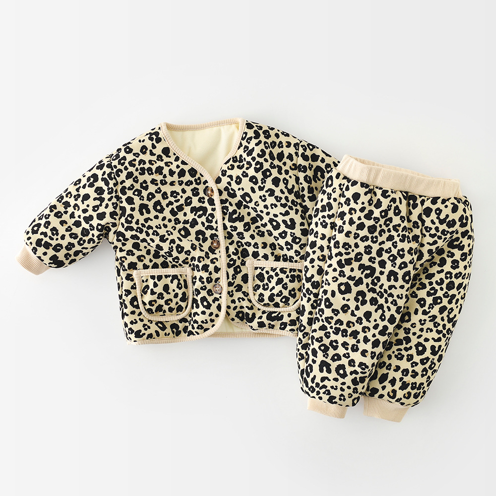 2022 Winter New Baby Warm Clothes Set Cute Leopard Floral Coat + Pants 2pcs Suit Vintage Baby Girl Outfits Infant Jacket Set alx