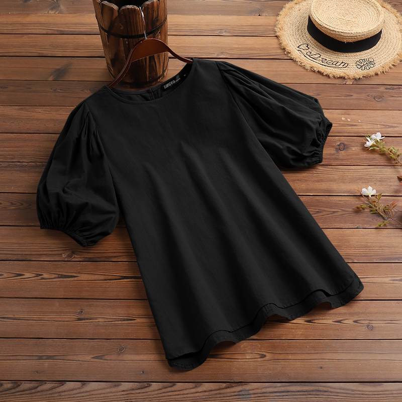 Summer Women Solid Half Puff Sleeve Blouse ZANZEA Casual Elegant Chemise Vocation Holiday Tunic Tops Female Office Work Blusas alx