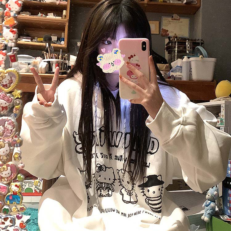 Autumn New Hello Kitty Hoodie For Y2k Girl Harajuku Fashion Loose Casual Sweatshirt Trendy Sanrio Cartoon Hooded Women Grunge alx