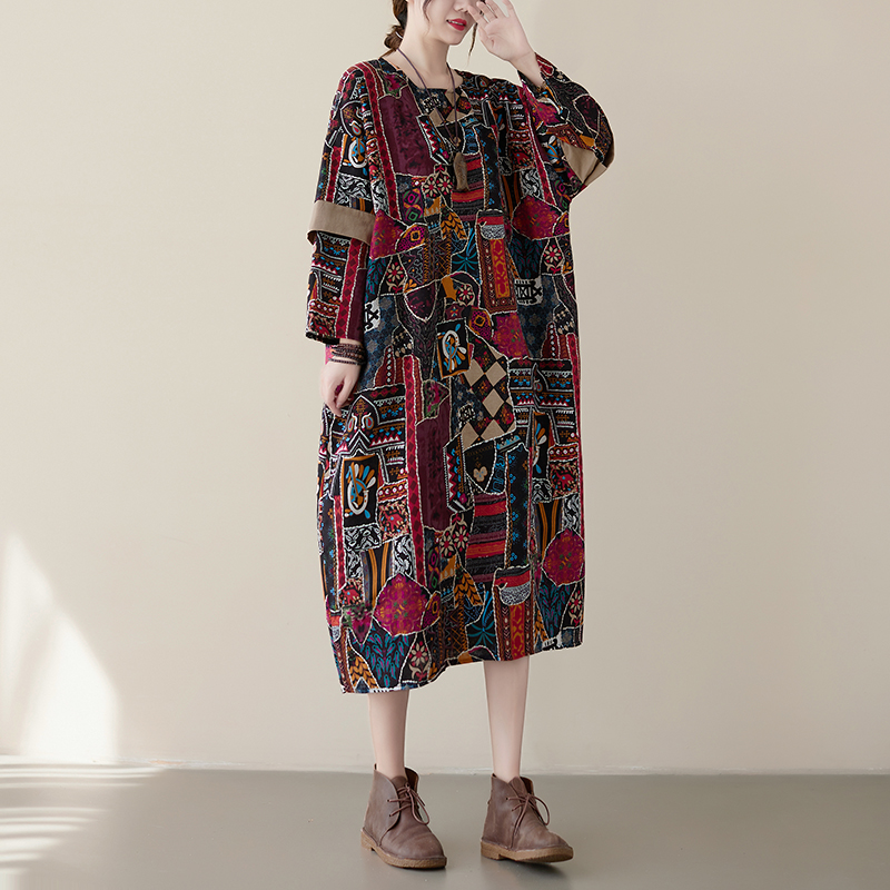 2022 New Arrival Cotton Linen Print Floral Loose Vintage Autumn Dress Patchwork Women Casual Spring Midi Dress Lady Work Dress alx