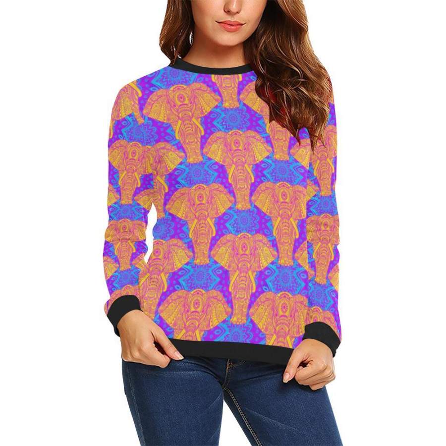 Yellow Elephant Mandala Print Women Crewneck Sweatshirt