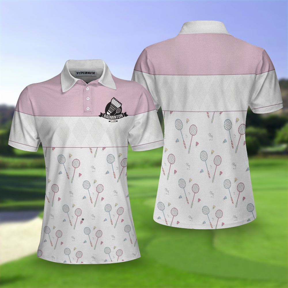 Play With Me Badminton Short Sleeve Women Polo Shirt, White And Pink Badminton Shirt For Women Coolspod